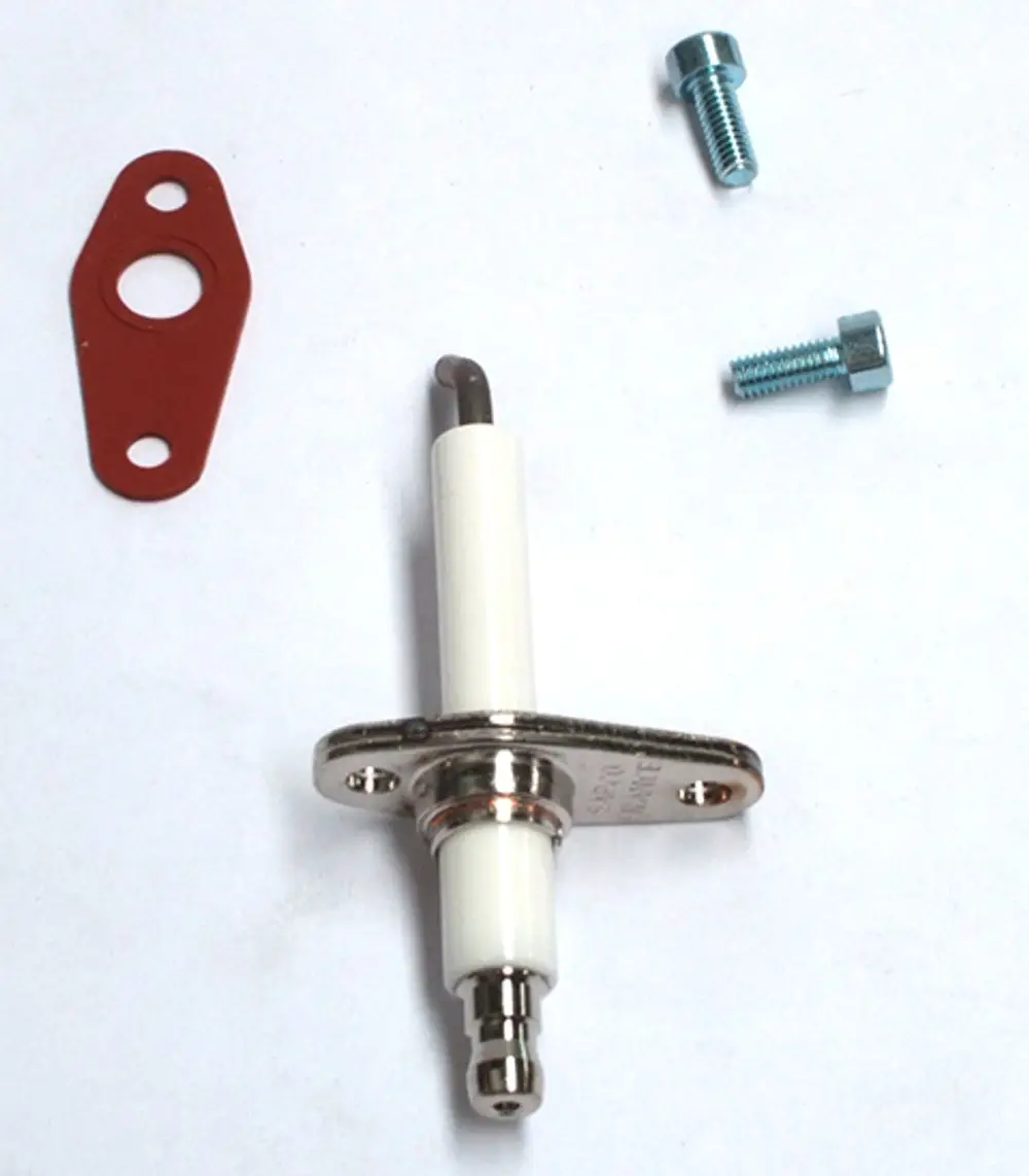 Zündelektrode von Daikin mit metallischer Halterung und keramischem isoliertem Stift, begleitet von einer Dichtung und zwei Schrauben für die Befestigung.